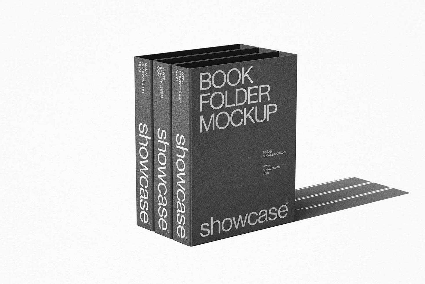 Black book folder mockup standing upright with customizable design for digital asset marketplace, ideal for designers portfolio presentation.